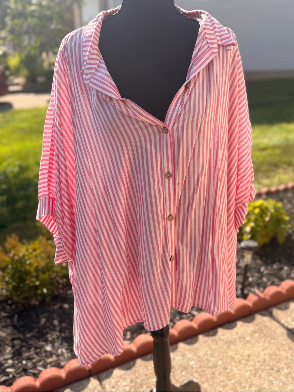 Zenana Outfitters Pink and White Striped Button-Front Blouse